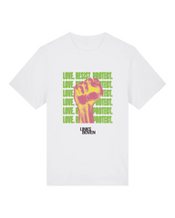 T-shirt LOVE. RESIST. PROTECT. (vuist) Wit
